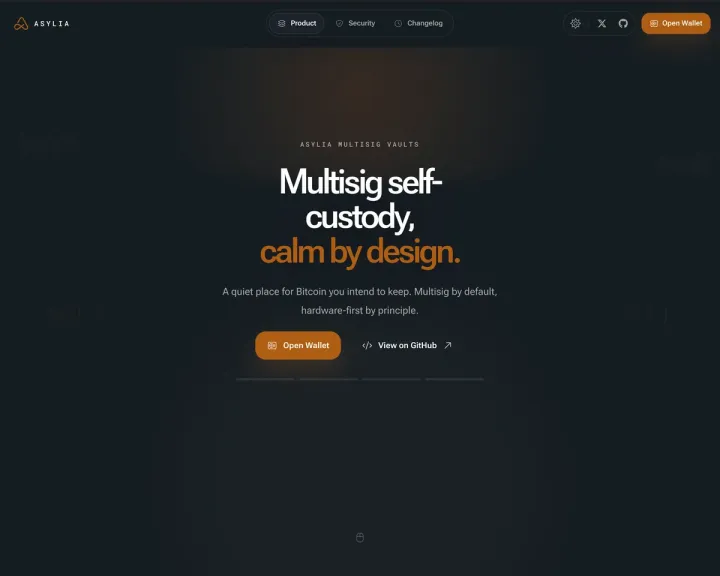 Úvodní obrazovka webu Asylia s titulkem Multisig self-custody, calm by design