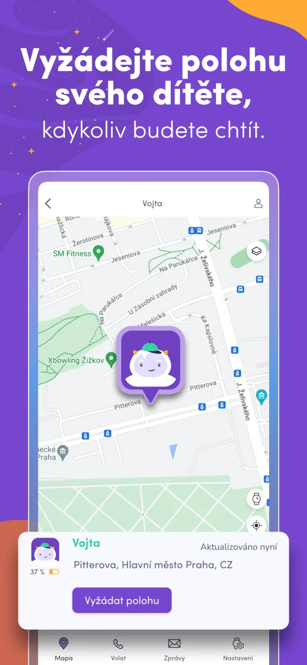 FindeeKids — obrazovka s mapou a polohou dítěte, tlačítko Vyžádat polohu