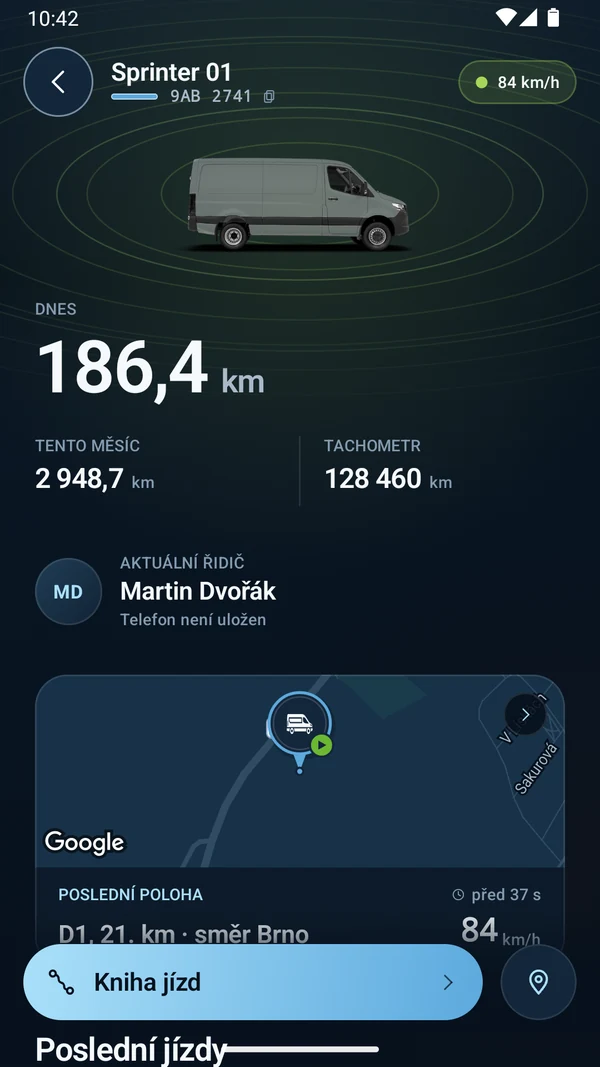 GPS Dozor 4.0 — detail demo vozidla na Androidu s rychlostí, nájezdem a poslední polohou