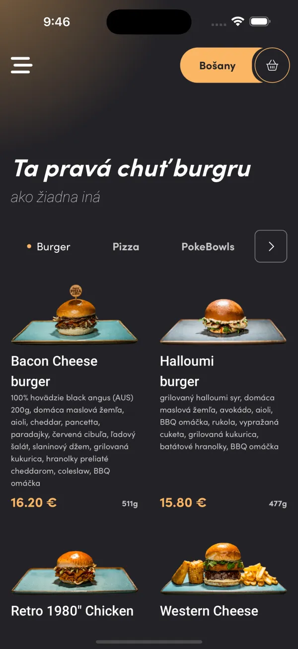 Hajcer — nabídka burgerů s cenami a kategoriemi