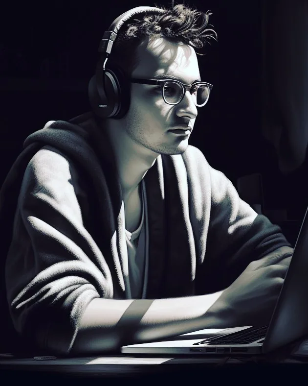 Dávid Zita při práci u notebooku, se sluchátky a brýlemi
